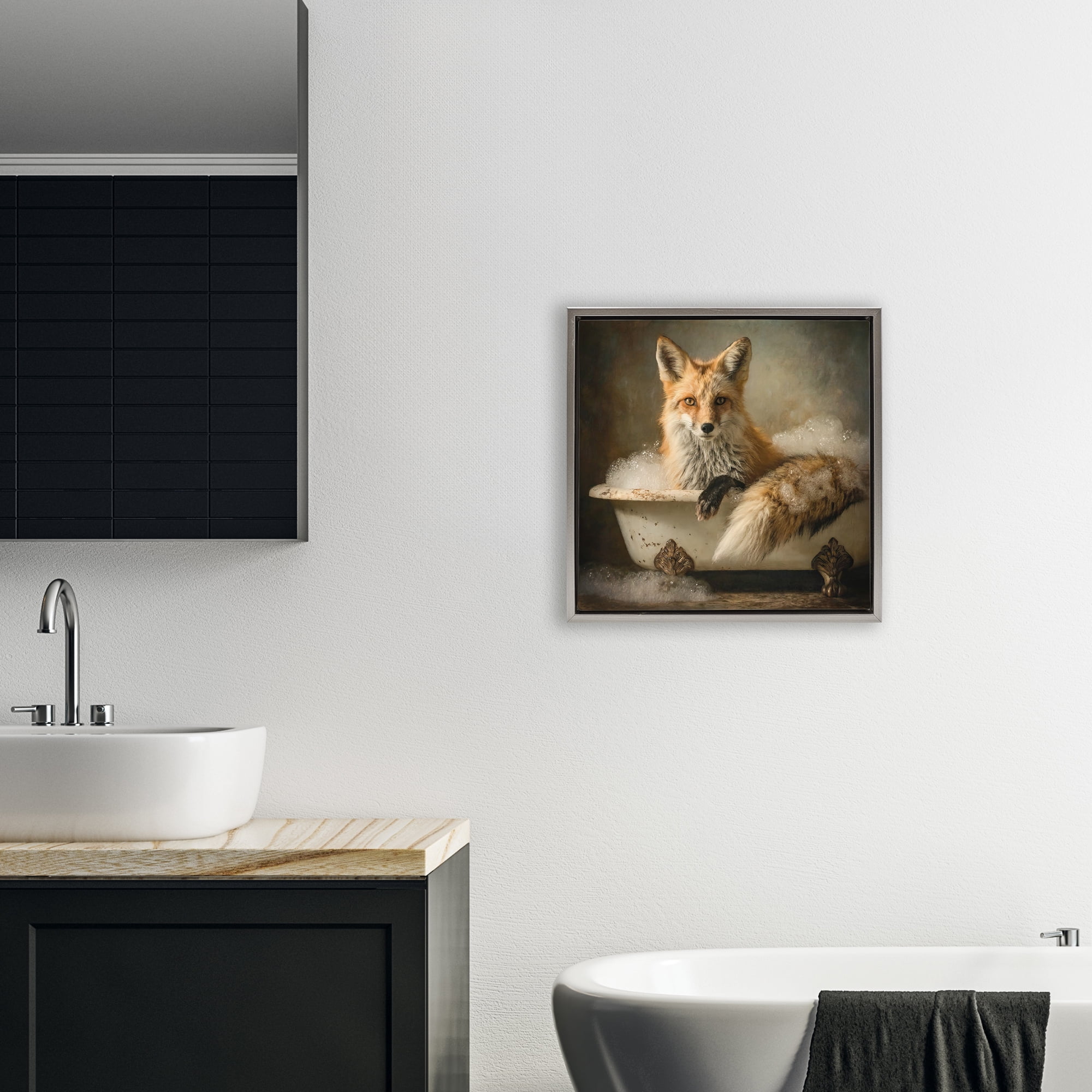 Stupell Industries Red Fox Bubble Bath Gray Framed Floater Canvas Wall Art, design by Tina LeCour
