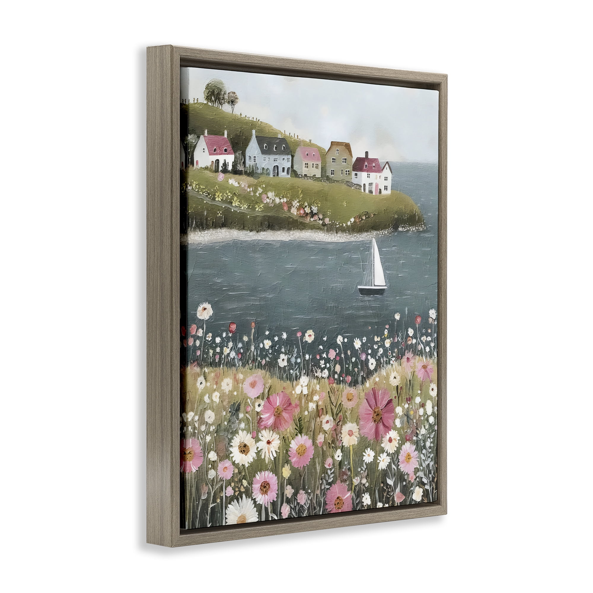 Stupell Industries Pink Meadow & Sailboats Brown Framed Floater Canvas Wall Art, design by Riley B