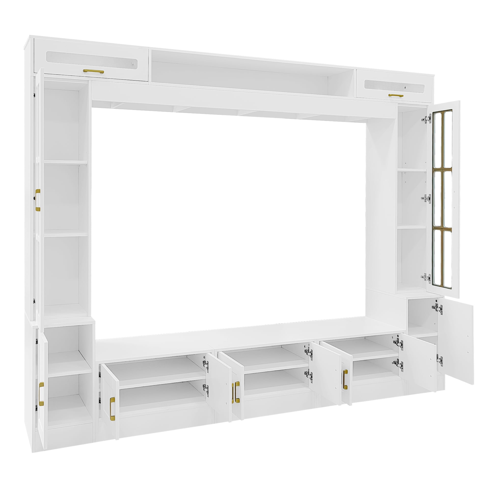 Euroco 98.4" W Wall Unit Entertainment Center with Bookshelves for TVs up to 80", Modern TV Stand Media Console with Cabinets, Tempered Glass Doors and Adjustable Shelves for Living Room