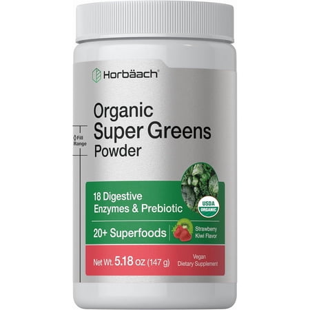 Organic Greens Powder | 5.18 oz | Strawberry Kiwi Flavor | with 20+ Superfoods, and Prebiotics | by Horbäach