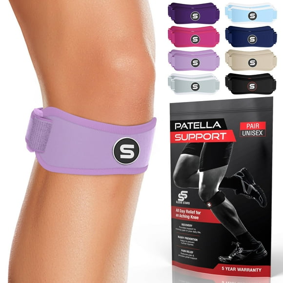 Rodillera de la marca sueca Sleeve Stars para el tendón rotuliano, eficaz para mujeres y hombres, con 3 longitudes ajustables para jóvenes y niños de 30 a 60 cm (par/morado claro/adulto)
