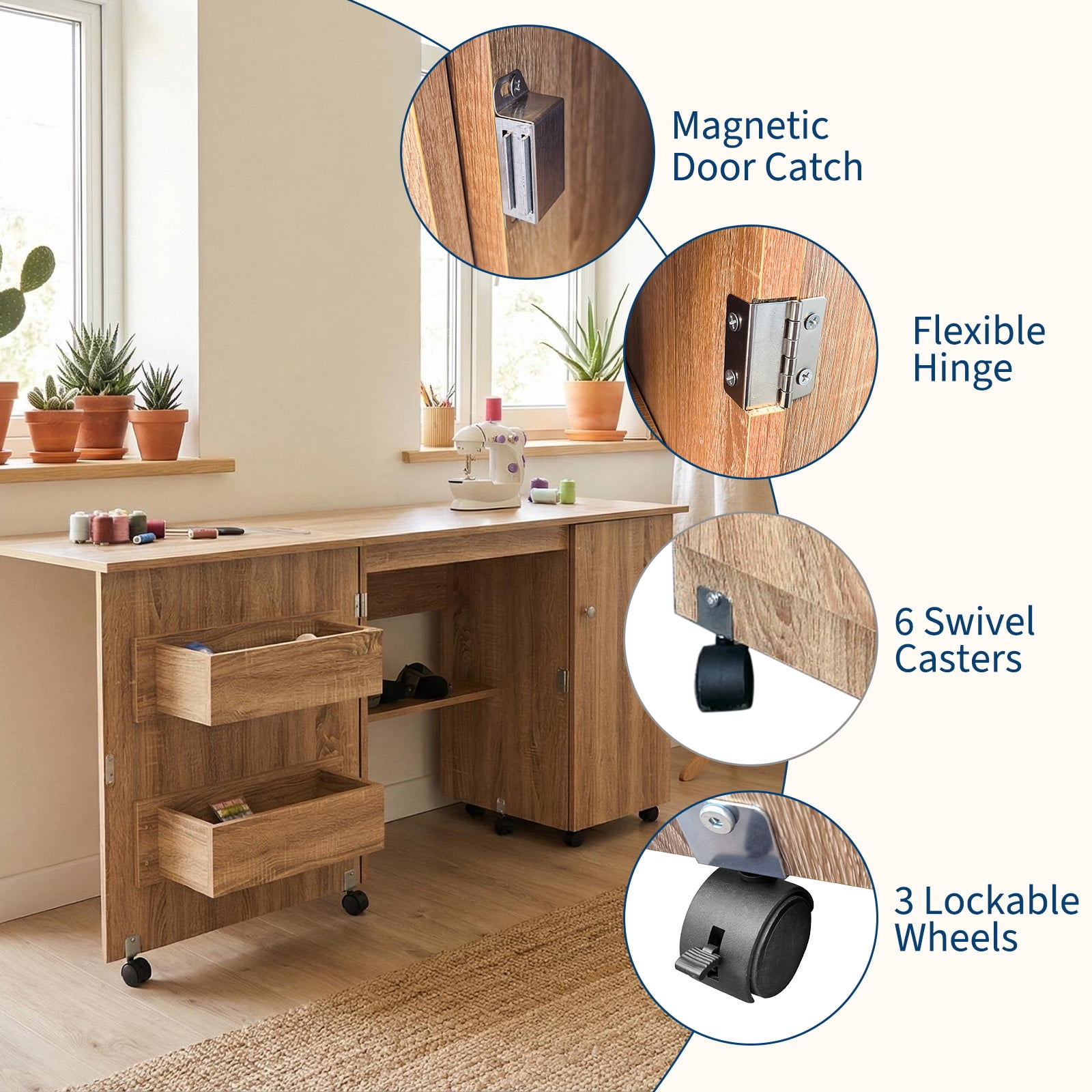 Gaderth Folding Sewing Table, Multipurpose Portable Craft Station & Side Desk with Caster Wheels, Storage Shelves, 2 Storage Trays, Magnetic Doors