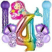 Mermaid Birthday Party Decorations, Large Mermaid Balloons Number 0-9 Foil Balloons and Hanging Jellyfish Paper Lanterns for Kids 4th Birthday Decorations (Number 4)