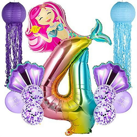 Mermaid Birthday Party Decorations, Large Mermaid Balloons Number 0-9 Foil Balloons and Hanging Jellyfish Paper Lanterns for Kids 4th Birthday Decorations (Number 4)