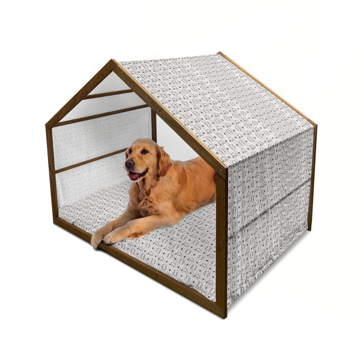 Baseball Pet House Stars Caps And Vertical Lines Pattern Monochrome