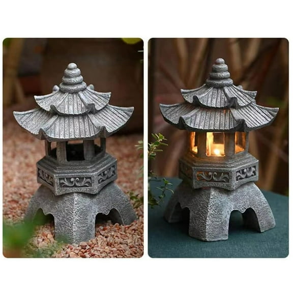 Solar Pagoda Statues, 10.2inch Resin Japanese Pagoda Sculpture , Zen Garden Waterproof Landscape Decorative Ornament for Patio Porch Yard Art Decor