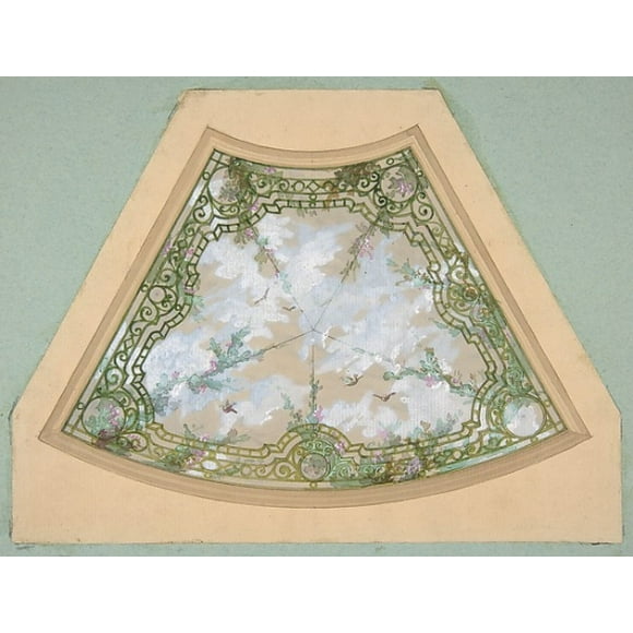 Design for one section of a ceiling painted in trompe loeil iron work with flowering vines and birds Poster Print by Jules-Edmond-Charles Lachaise (French, died 1897) (18 x 24)
