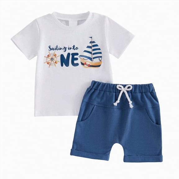 UngA First Birthday Baby Boy Outfit Sailing Into ONE Short Sleeve T-Shirt and Shorts Set Infant Newborn One Year Old Clothes (Blue,12-18 Months)