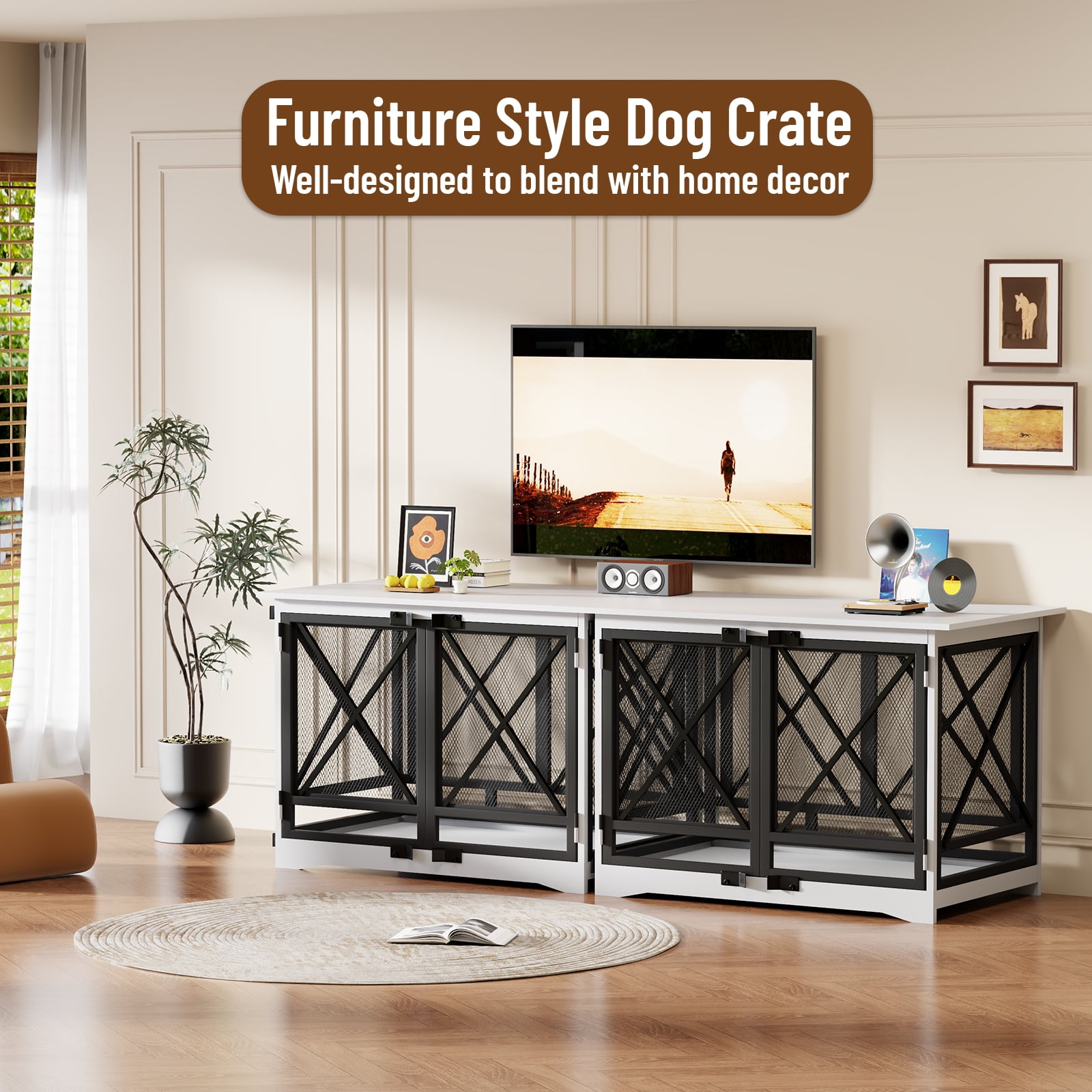 48 inch Extra Large Dog Crate Furniture,Double Door Indoor Kennel,End Side Table Wooden Dog Crates,Anti-Chew Anti-Escape, White