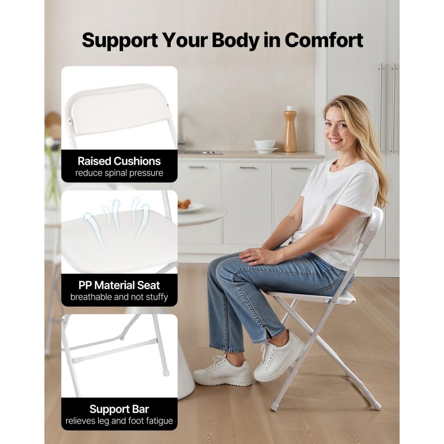 Folding Chairs Set of 4, Plastic Folding Chairs with Heavy-Duty Metal Frame, Portable Stackable Chairs for Indoor Outdoor Home, Garden, Parties, Events, White