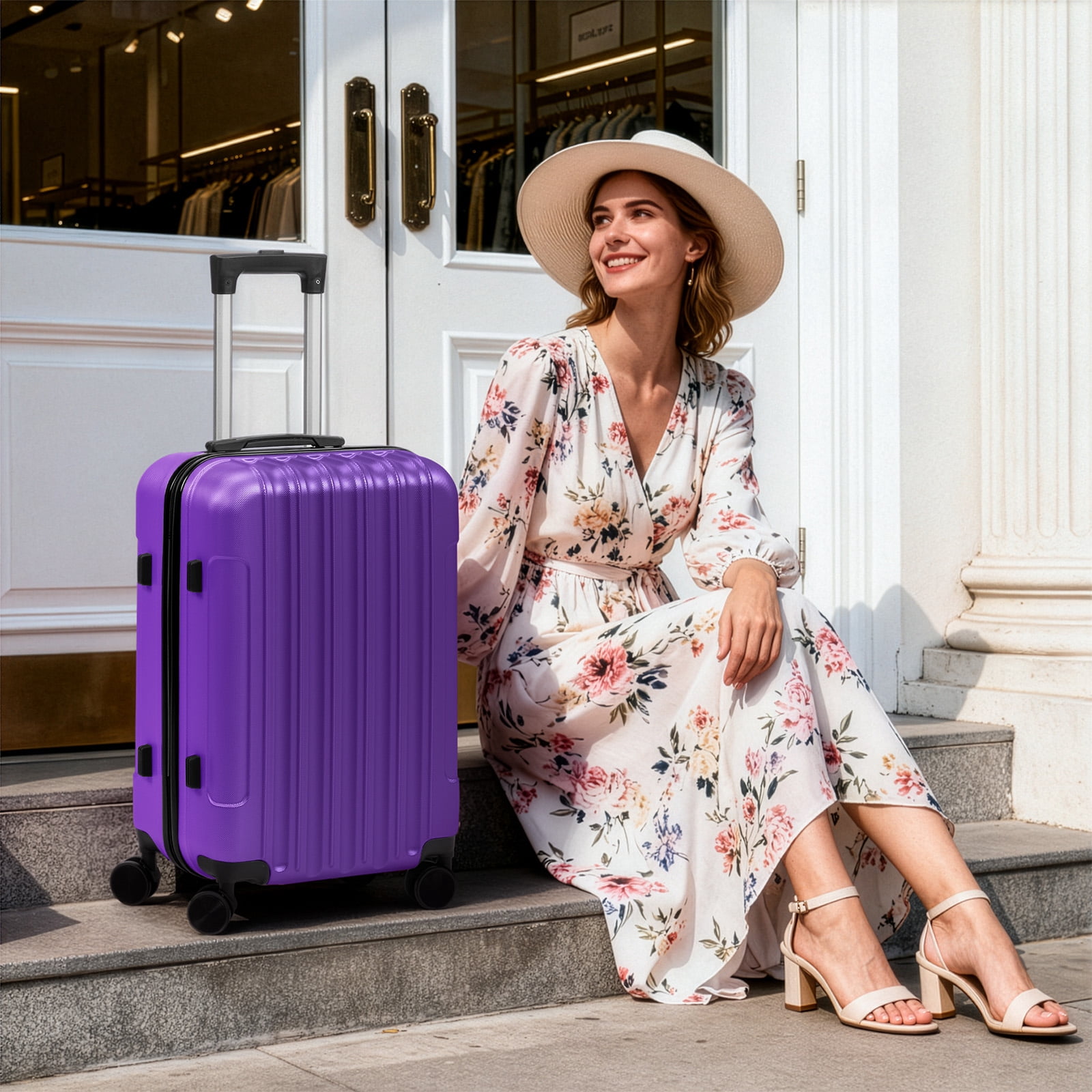 20in 24in 28in 3PCS Suitcase Set Vertical Striped Frosted Case ABS Trolley Case, Purple