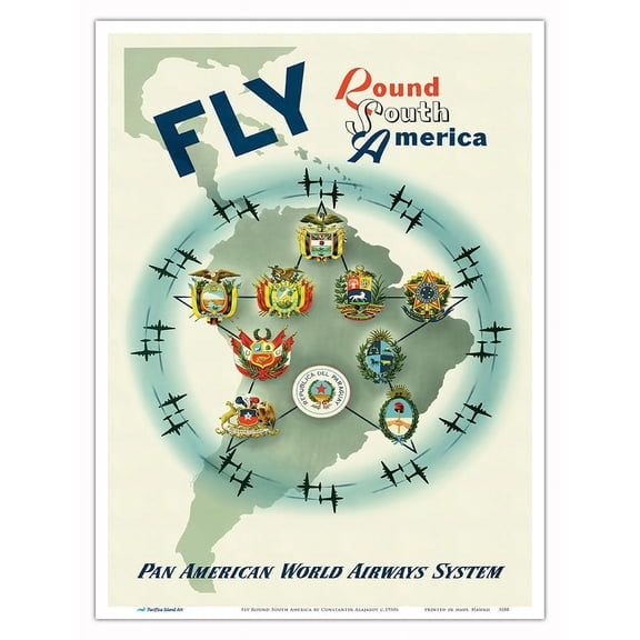Fly Round South America - Pan American World Airways System - Vintage Airline Travel Poster by Constantin Alajálov c.1950s - Master Art Print (Unframed) 9in x 12in