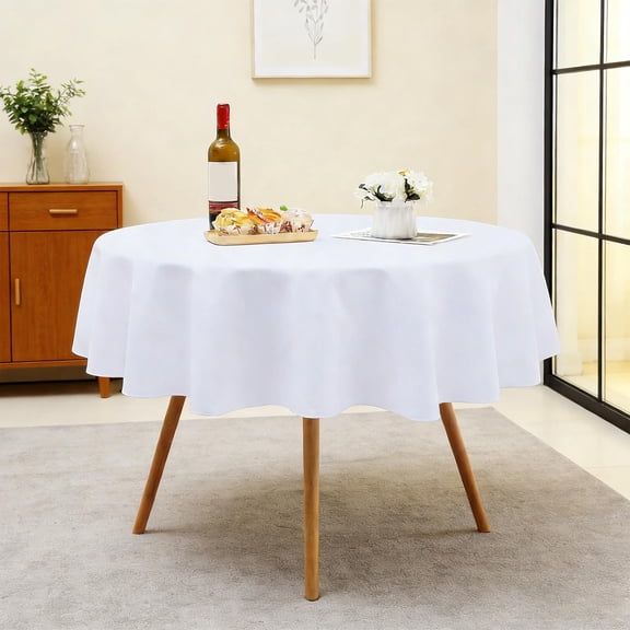 Btomtd 60 Inch Polyester Round Tablecloth, Waterproof Stain Resistant Solid Color Table Cloth for Home Dining Use, White