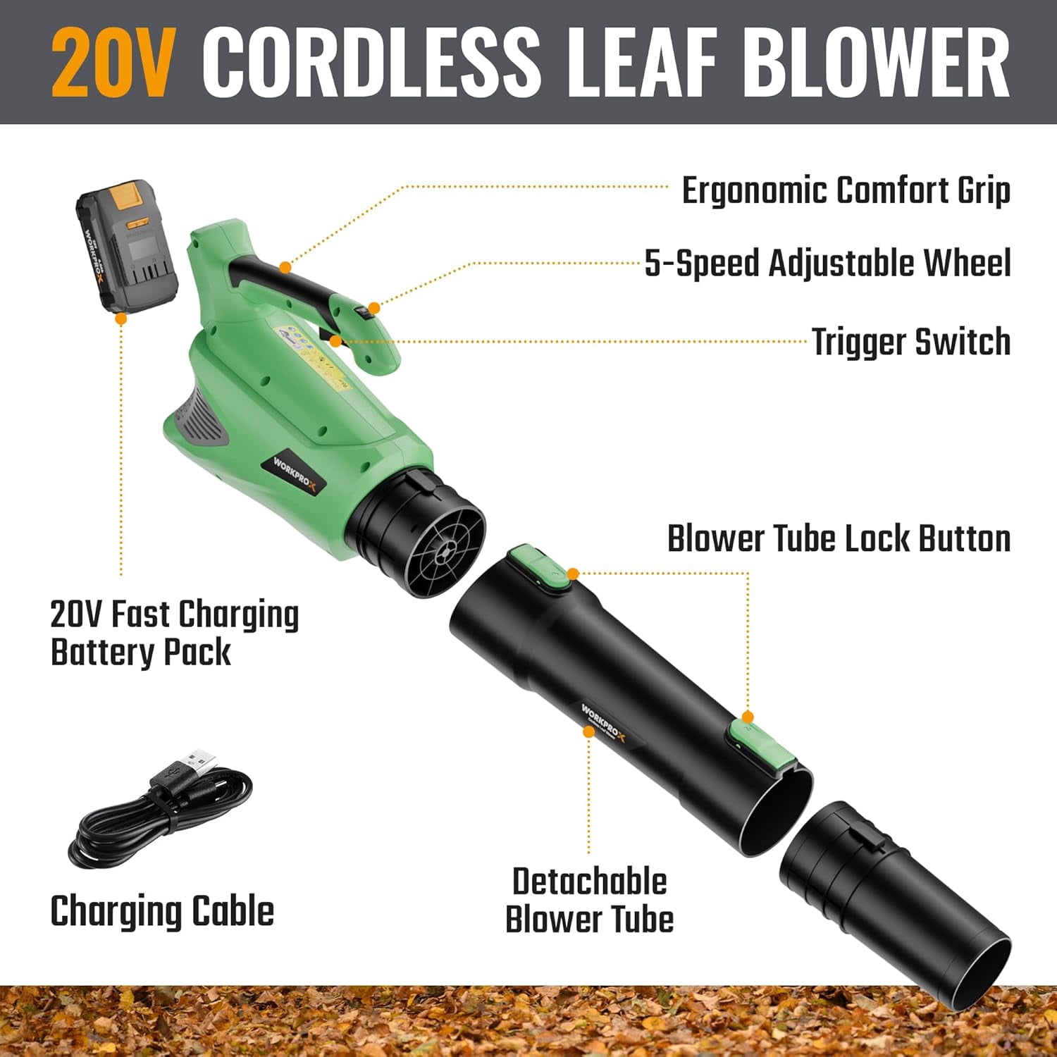 WORKPROX Leaf Blower Cordless, 20V Electric Cordless Leaf Blower, Variable Speed, 4.0Ah Battery and Type-C Charging Cable Included, Blowers for Lawn Care, Patio Cleaning, etc.