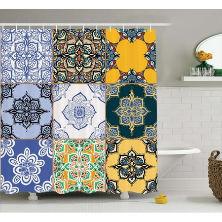 Moroccan Decor Shower Curtain Set, Multi Set Of Islamic And Portuguese Tile Patterns In Various Tones And Textures Boho Print, Bathroom Accessories, 69W X 70L Inches, By (Best Tile For Bathroom Shower)