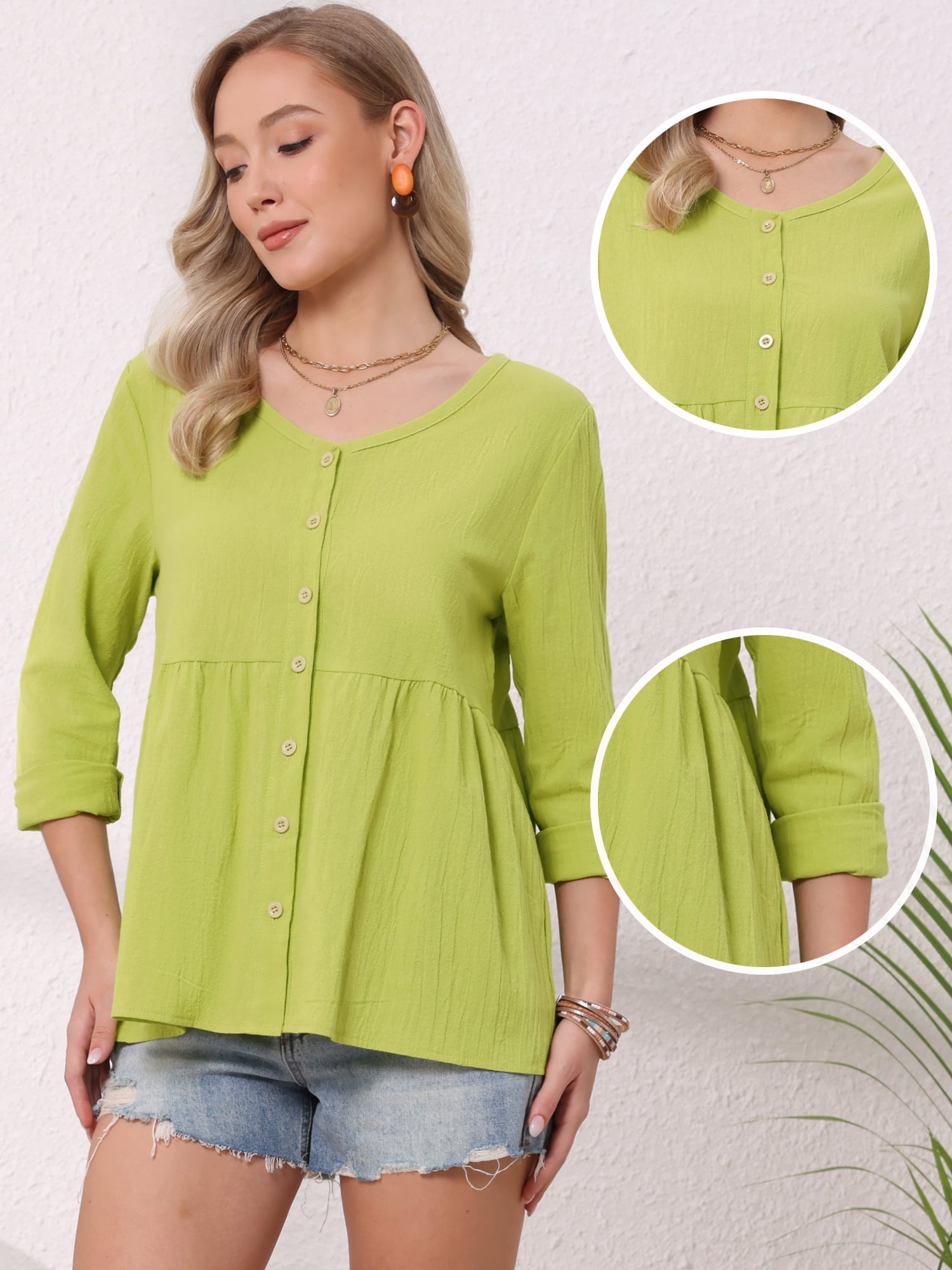 DARING DIVA Women's Button Down Blouse Long Sleeve V Neck Lightweight Top XL Yellow