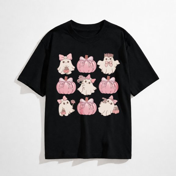 Halloween T-Shirts for Women Short Sleeve Crew Neck Flower Ghost Pumpkin Bowknot Tees Tops