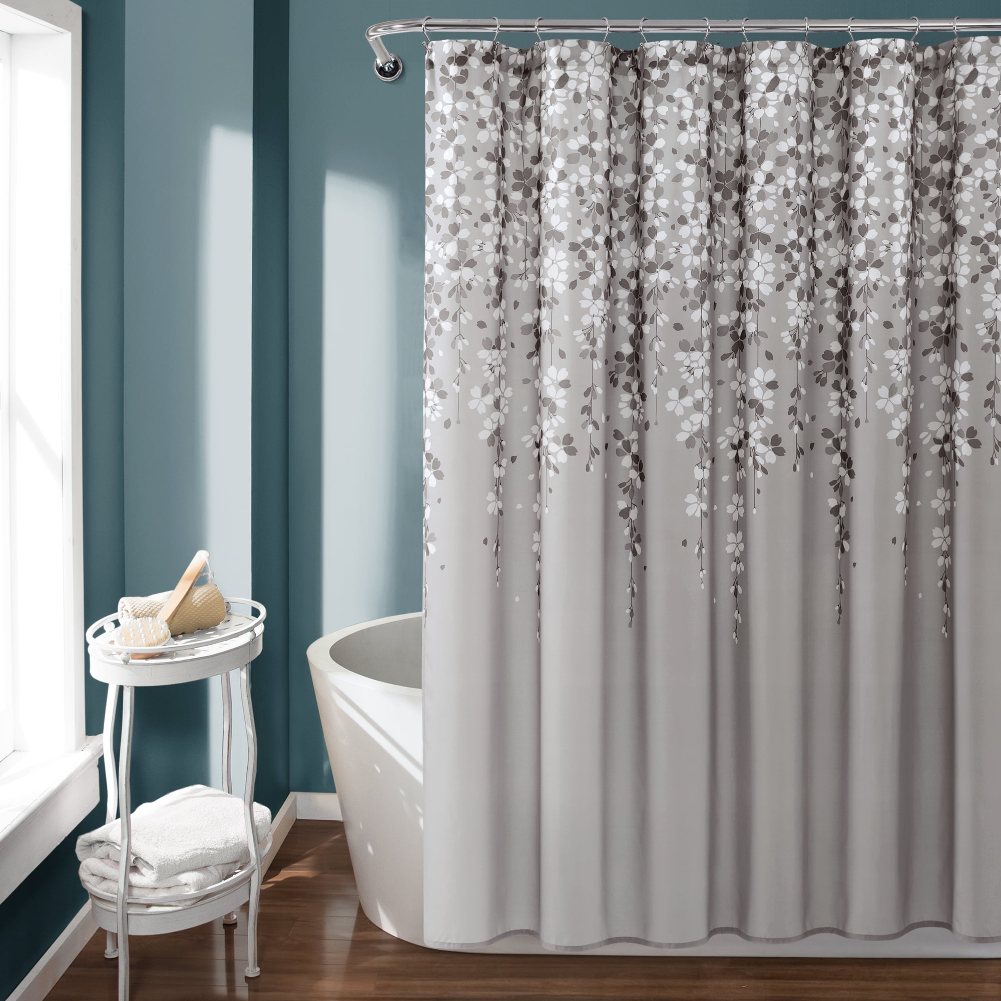 Blue White Floral Fabric Shower Curtain Cotton Machine Wash 72x72 Standard Hang 
