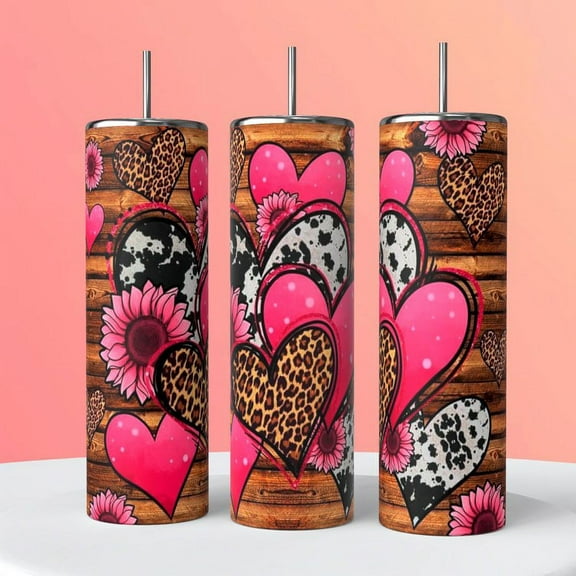 Hearts and Flowers on Wood 20 oz insulated drink tumbler Valentine’s Love
