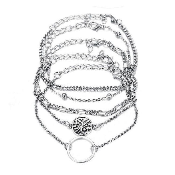 Pulsera de cuero ajustable con adorno de mano circular ahuecado de 5 piezas, pulsera sencilla para traje