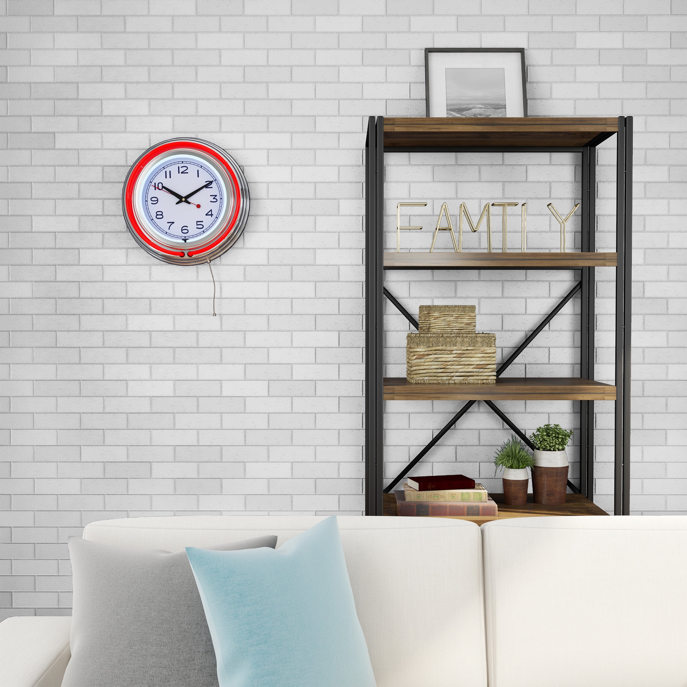 Retro Neon Wall Clock - Battery Operated Wall Clock Vintage Bar Garage Kitchen Game Room ? 14 Inch Round Analog by Lavish Home (Red and White)