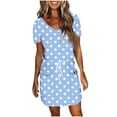 thumbnail image 3 of Fartey Casual Dresses for Women Polka Dot Short Sleeve V Neck Drawstring Waist Mini Dress Summer Tshirt Dress with Pockets Light Blue L, 3 of 7