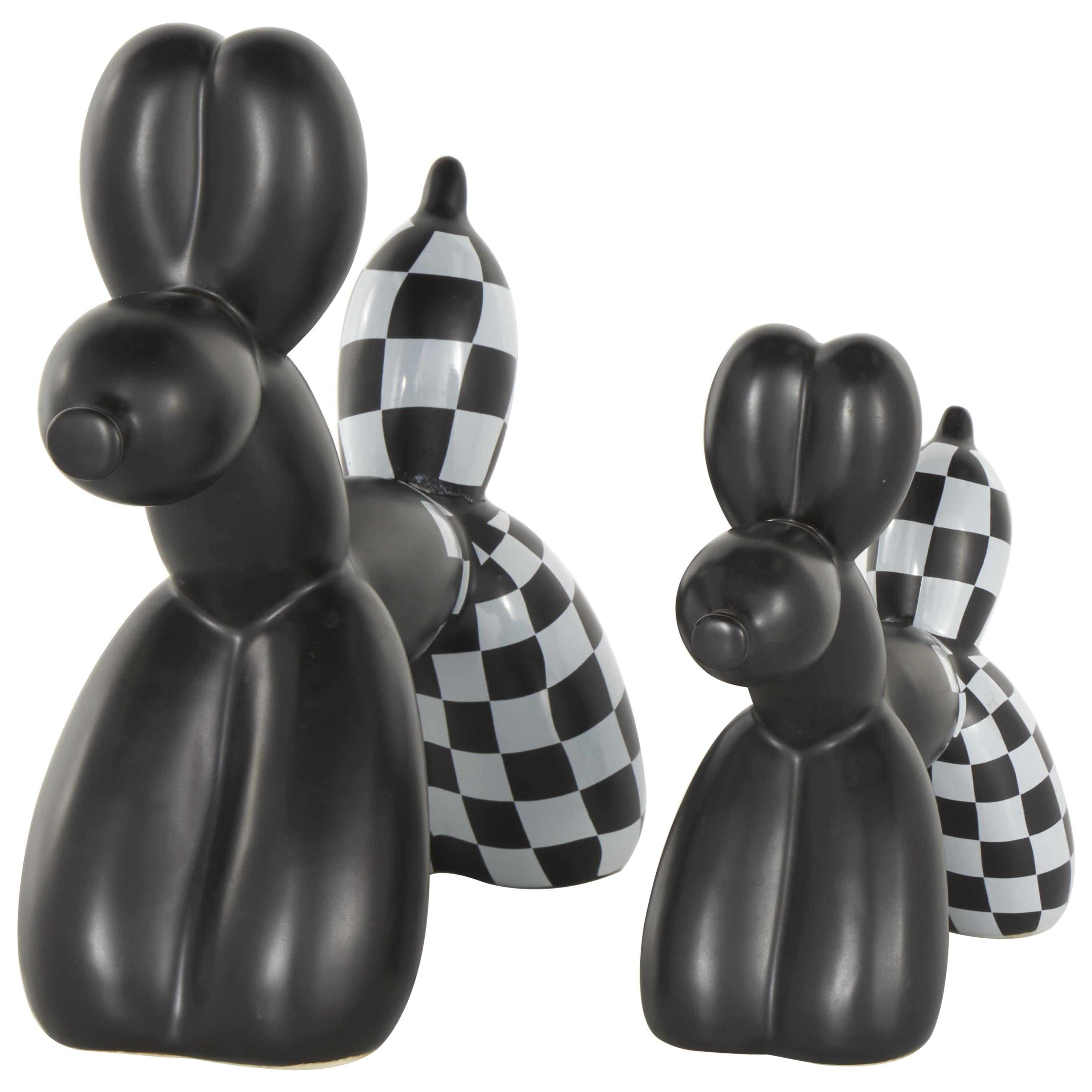 9", 7"H Black Ceramic Balloon Dog Sculpture with Checkered Accents, by DecMode (2 Count)