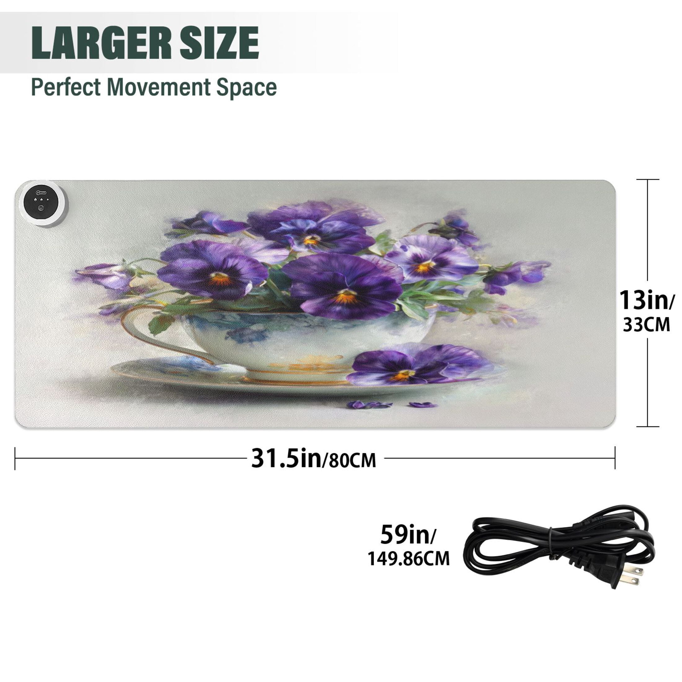 Large Heated Desk Mat Mouse Pad 31.5"x13"PU Leather Graphene Heating Desk Warmer with 3 Temperature Settings 110V US Plug Non-Slip Warm Pad for Home, Office, and Gaming Oil Painting Of Pansies