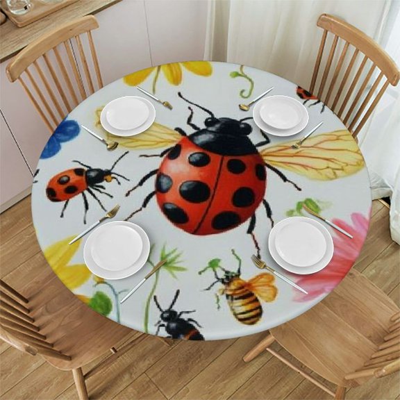 Sheronv Ladybug Round Table Cloth Stain Resistant and Waterproof, Perfect for Indoor and Outdoor Dining Table, Kitchen, Wedding, Parties - 100% Polyester Fiber 31"-35