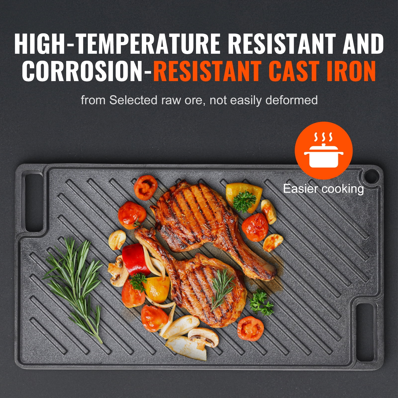 KFFKFF Switchable Grill/Griddle, 9.7"x16.7" Pre-Treated Cast Iron Griddle, Rectangular Dual Burner Griddle Pan, Non-Adhesive Family Pan Utensils with Handles, Flat Top Dish for BBQ, Gas Grill, Black