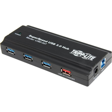 Tripp Lite 7-Port USB 3.0 SuperSpeed Hub with Dedicated 2A USB Charging Port (U360-007) Tripp Lite 7-Port USB 3.0 SuperSpeed Hub with Dedicated 2A USB Charging Port (U360-007) USB 3.0 Charging Hub 7-Port x USB 3.0  1-Port x Charging iPad2 Adds 7 USB 3.0 Ports and a Tablet Charging Port to Your Computer Connect up to seven USB 3.0 devices toyour computer and charge a tablet or other power-hungry device. Tripp Lite s U360-007Portable 7-Port USB 3.0 SuperSpeed Hub features seven USB 3.0 ports  plus anadditional 5V  2A USB charging port. It s a simple way to avoid the hassle of using a limitednumber of ports for multiple devices. The U360-007delivers full USB 3.0 performance to a wide range of devices  including flashdrives  external hard drives  external DVD players  MP3 players  digitalcameras and other high-bandwidth applications that require fast data transfers. TypicalApplications Adding USB 3.0 ports to Windows and Maccomputers with limited ports Charging power-hungry personal electronicdevices like tablets Using the widely spaced ports to ease setupand accommodate larger USB plugs Media Optimizes Power Efficiency USB 3.0 SuperSpeed uses 1/3 of thepower of USB 2.0 to transfer the same amount of data. Conversely  duringcharging applications  the U360-007 delivers twice the power of USB 2.0 forfaster device charging. The U360-007 has lower active and idle powerrequirements  and does not require device polling. Dedicated High-Output USB Charging Port forFast Charging of Tablets The U360-007 featuresa 5V  2A USB charging port that delivers enough power to provide a fast chargeto your power-hungry devices  including iPad  iPad Mini and Android tablets.The other USB 3.0 ports support up to 900mA per port.SuperSpeed USB 3.0 Supports Faster DataTransfer Rates with Guaranteed Compatibility USB 3.0 ports support data transferrates up to 5 Gbps  which 10x faster than USB 2.0. For older devices  theU360-007 is backward compatible with USB 2.0 and 1.1 standards. The U360-007 workswith all Windows (compatible with Windows 10) and Mac OS computers equippedwith a USB 3.0 port. Provides Overcurrent Protectionfor Connected Devices To safeguardyour connected devices against damage or data loss due to overvoltages  theU360-007 features per-port overcurrent protection.Offers Plug-and-Play Convenience The U360-007 provides plug-and-playconvenience  with no special software or complicated setup procedures required.Use the included external power supply to power the hub. An active indicator LED lets youknow at a glance when the hub is providing power to connected devices. Compact  Portable Design The U360-007is designed to integrate easily with both desktop computer setups and portablenotebook computers. The ports are widely spaced to accommodate larger USB plugsand make plugging in devices easier. On the go  the U360-007 is small and lightenough to fit in a laptop case giving you the convenience of multiple USB portsand charging capabilities no matter where life takes you.Three-Year Warrantyand Environmentally Responsible Design The U360-007 comes with a three-year warranty. It s manufactured incompliance with strict RoHS specifications  reflecting Tripp Lite s commitmentto environmental responsibility. Tripp Lite U360-007 Product Summary Provides extra USB 3.0 ports for adesktop or notebook computer in home  business and education settings 7 USB 3.0 A (female) ports for USBperipherals 1 dedicated 5V  2A port for iPad/tablet charging High-speed (up to 5 Gbps) datatransfer rates Works with all Windows (compatiblewith Windows 10) and Mac OS computers equipped with a USB 3.0 port Overcurrentprotection safeguards connected devices against damage or data