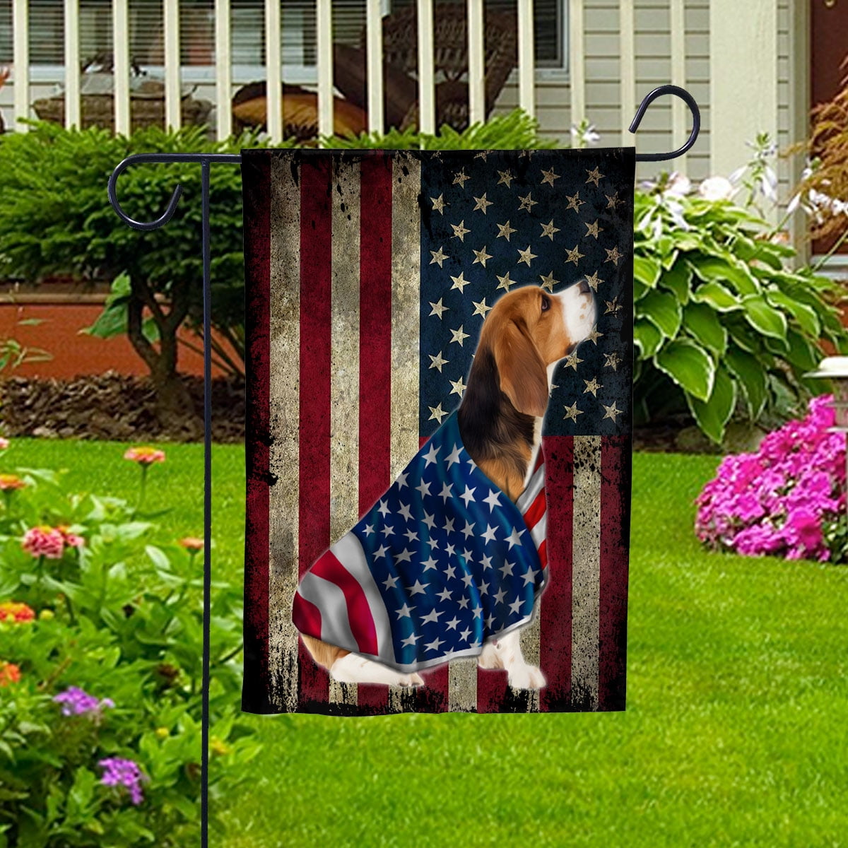 American Flag with Beagle Dog stand under the cross Patriot Patriotic 4th of july House Flag, Double-Sided Decorative Outdoor Flag, Patriotic Polyester Yard Flag 29.5 x 39.5 in