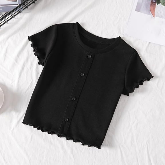 Gamivast Toddler Girls Summer Casual Comfy Button-Down T-Shirt Casual Knit Cardigan Classic Solid Color Short Sleeve Tops Tees Black 5T Camiseta De Para Niños