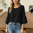 thumbnail image 5 of hoksml Women's Cotton Linen Round Neck 3/4 Bell Sleeve Blouse with Eyelet Trim, Loose Fit Casual Summer Daily Wear Top, 5 of 6