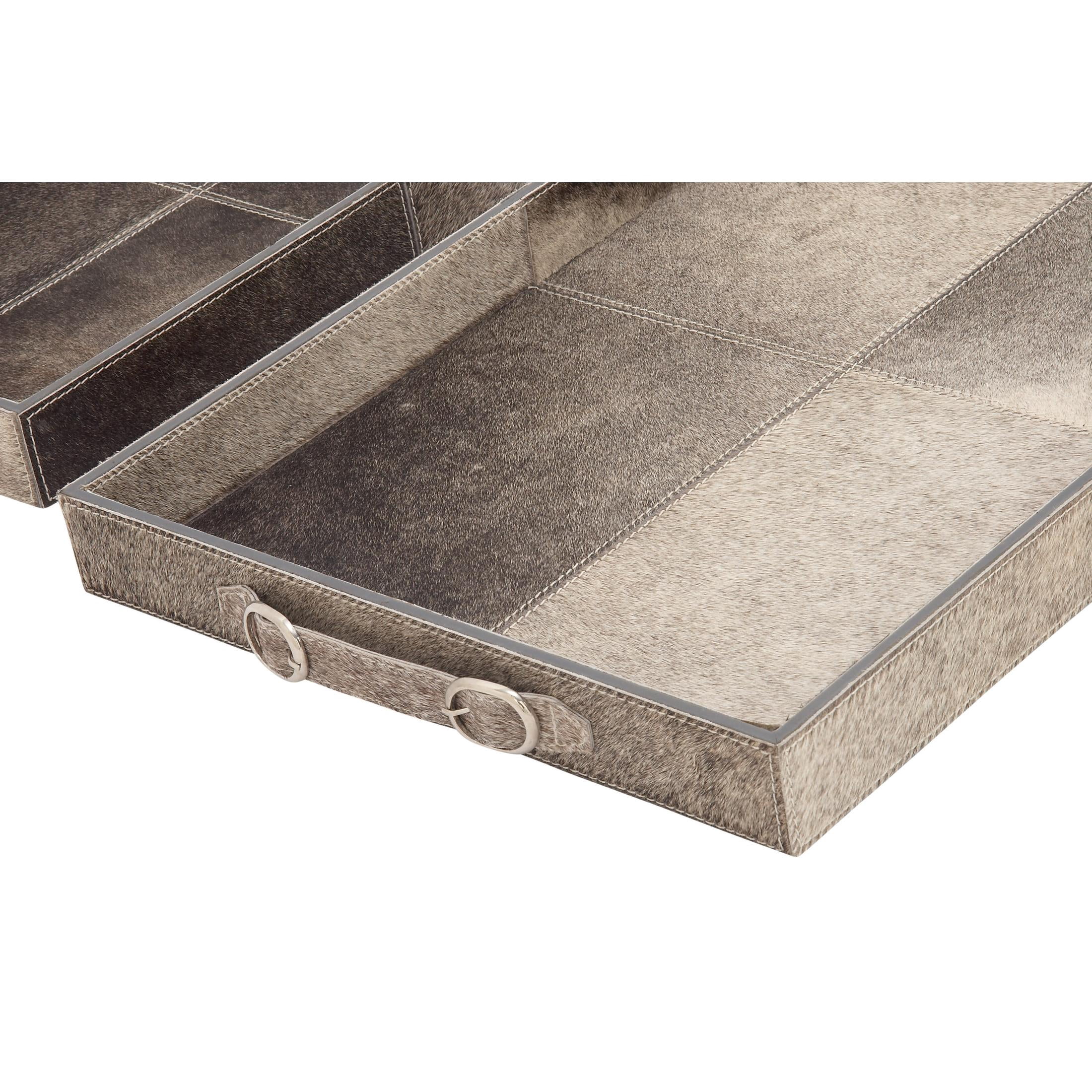 DecMode 24", 20"W Gray Wooden Handmade Cowhide Tray with Slot Handles, 2-Pieces