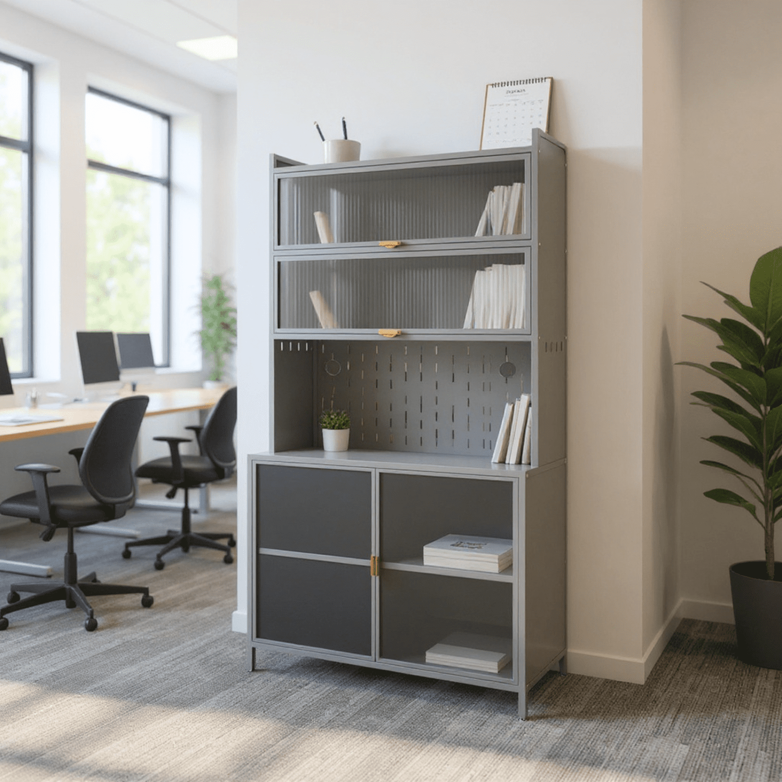 Homy Casa 73" File Cabinet with Glass Doors, for Office Storage and Study Room Organization, Grey