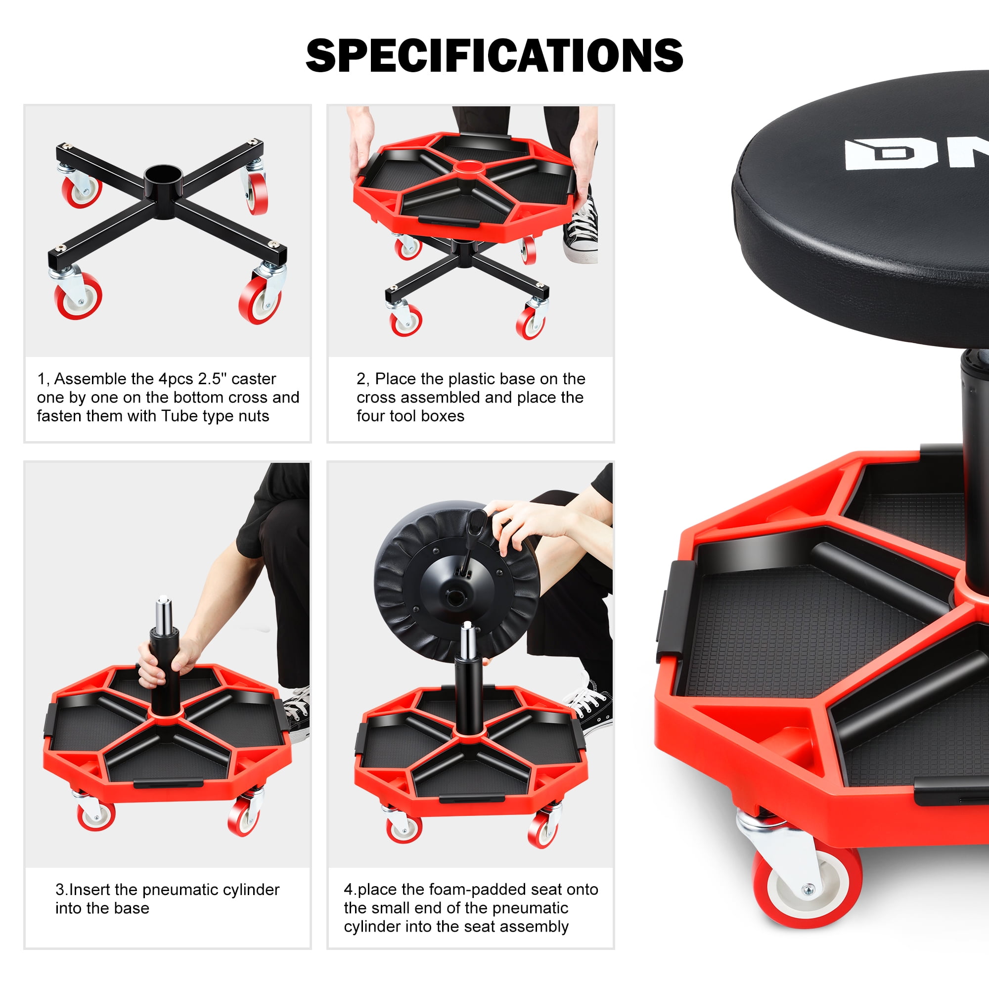 DNA Motoring Pneumatic Mechanic Creeper Garage/Rolling Stool, Heavy Duty  Roller Seat with Storage Tool Tray