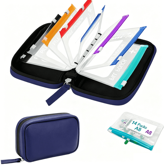 Waterproof Pill Pouch Set-14Pcs Bags Inside, Zipper Pill Case with Zipper Pouches Organizer Travel Medicine Weekly Vitamin Medication Reusable Portable Large Holder Daily Container