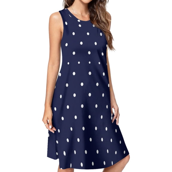 White free polka dots on navy blue background Spring Summer Dresses for Women Fashion T-shirt Dress Casual Sleeveless Loose Sundress with Pockets