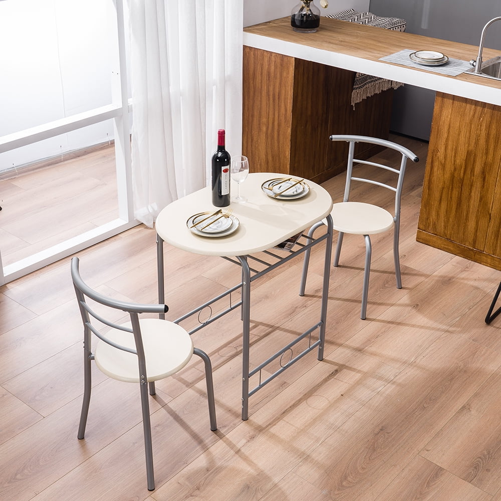 3 Piece Dining Room Table Sets Modern Kitchen Table And Chairs For 2 Durable Metal Frame And Wood Tabletop 2 Chair Dining Table Mid Century Breakfast Set With Wine Bottle Rack Natural