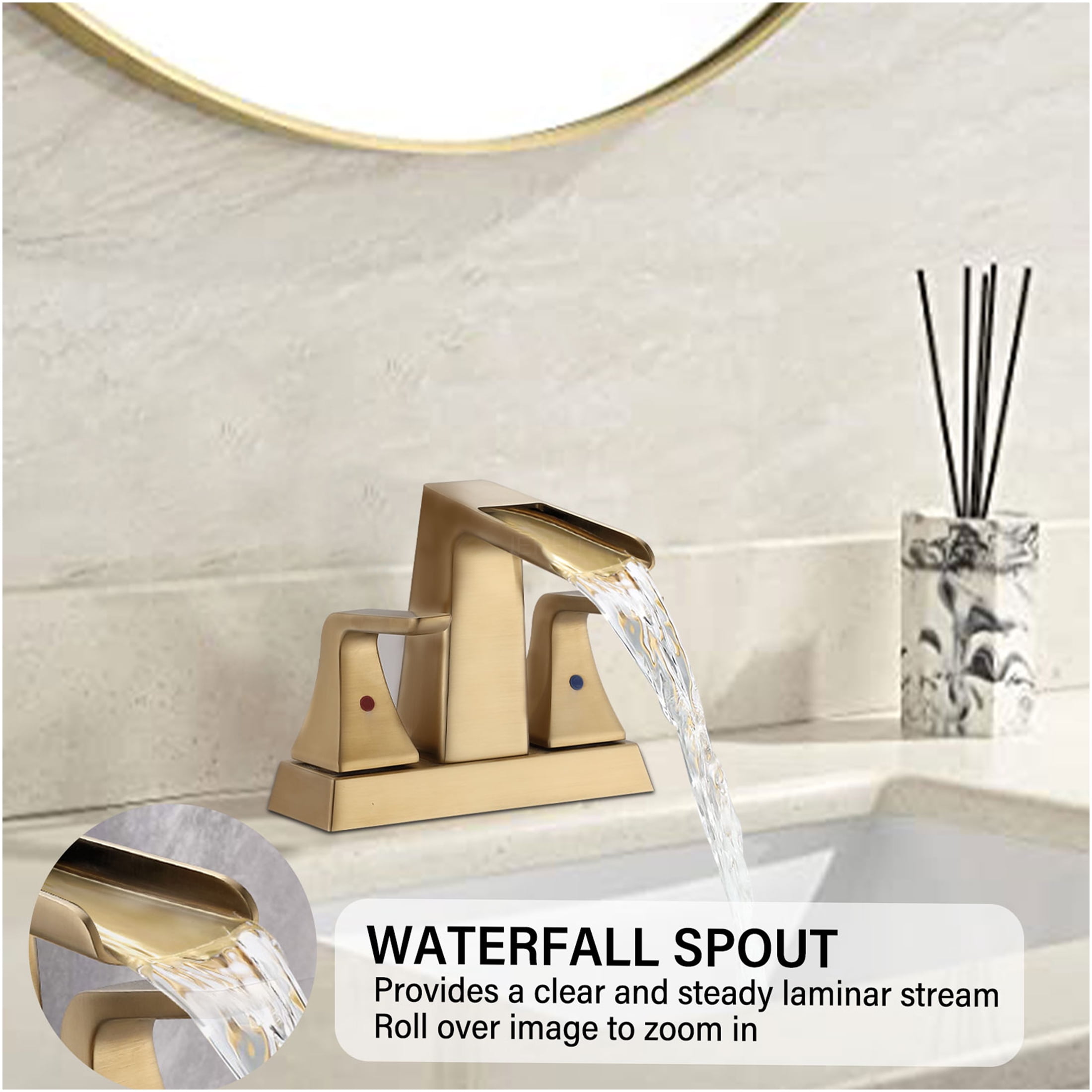 JERFIT 4-inch Centerset Bathroom Faucet with Waterfall Spout, 2-Handle Brushed Gold Brass Vanity Sink Faucet for Bathroom Sink