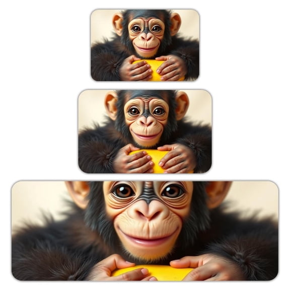 RKSupls Kitchen Rug Set 3 Piece Anti-Slip Flannel Floor Mats, Chimpanzee Smile Washable Absorbent Runner Mats for Kitchen Bathroom Home Decor