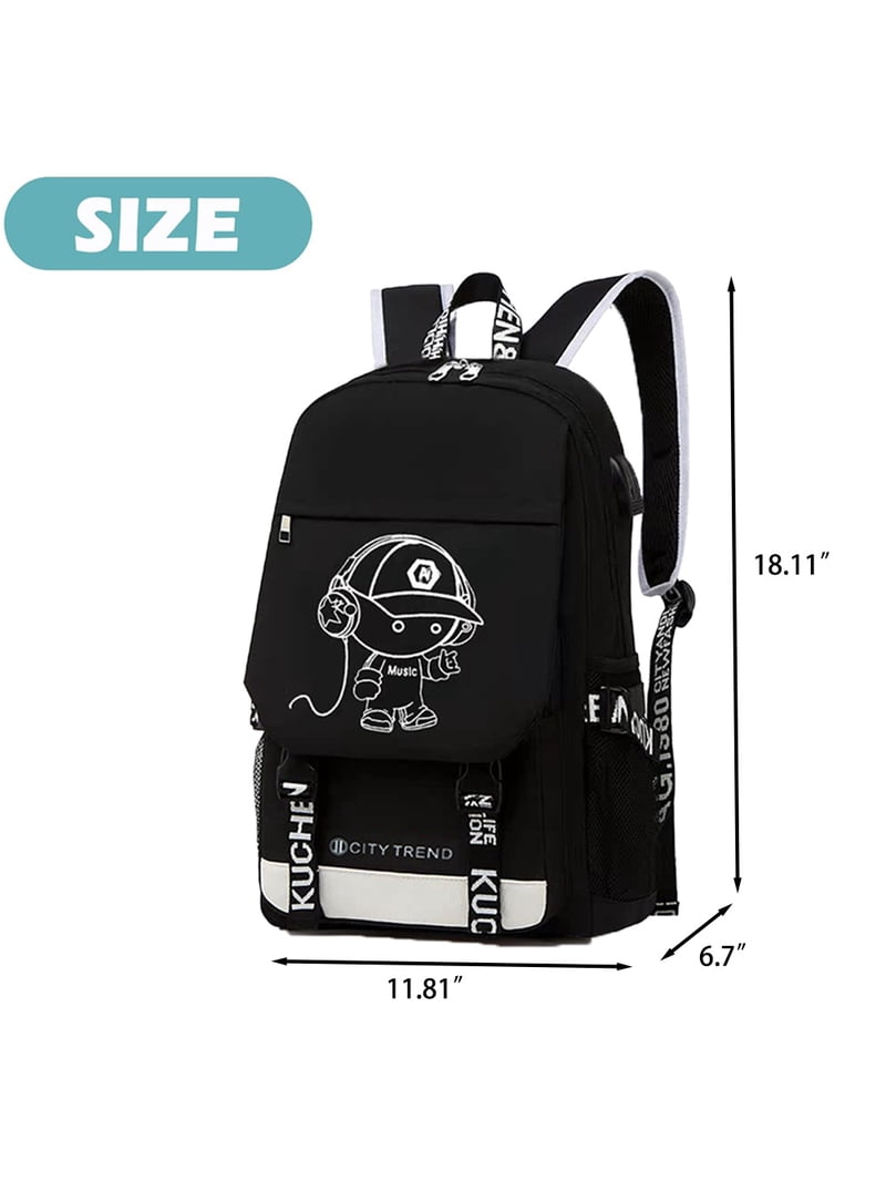 Ficcug 16"" Luminous School Backpack with USB Charger, Waterproof Laptop Bag  - Black" - Walmart.com