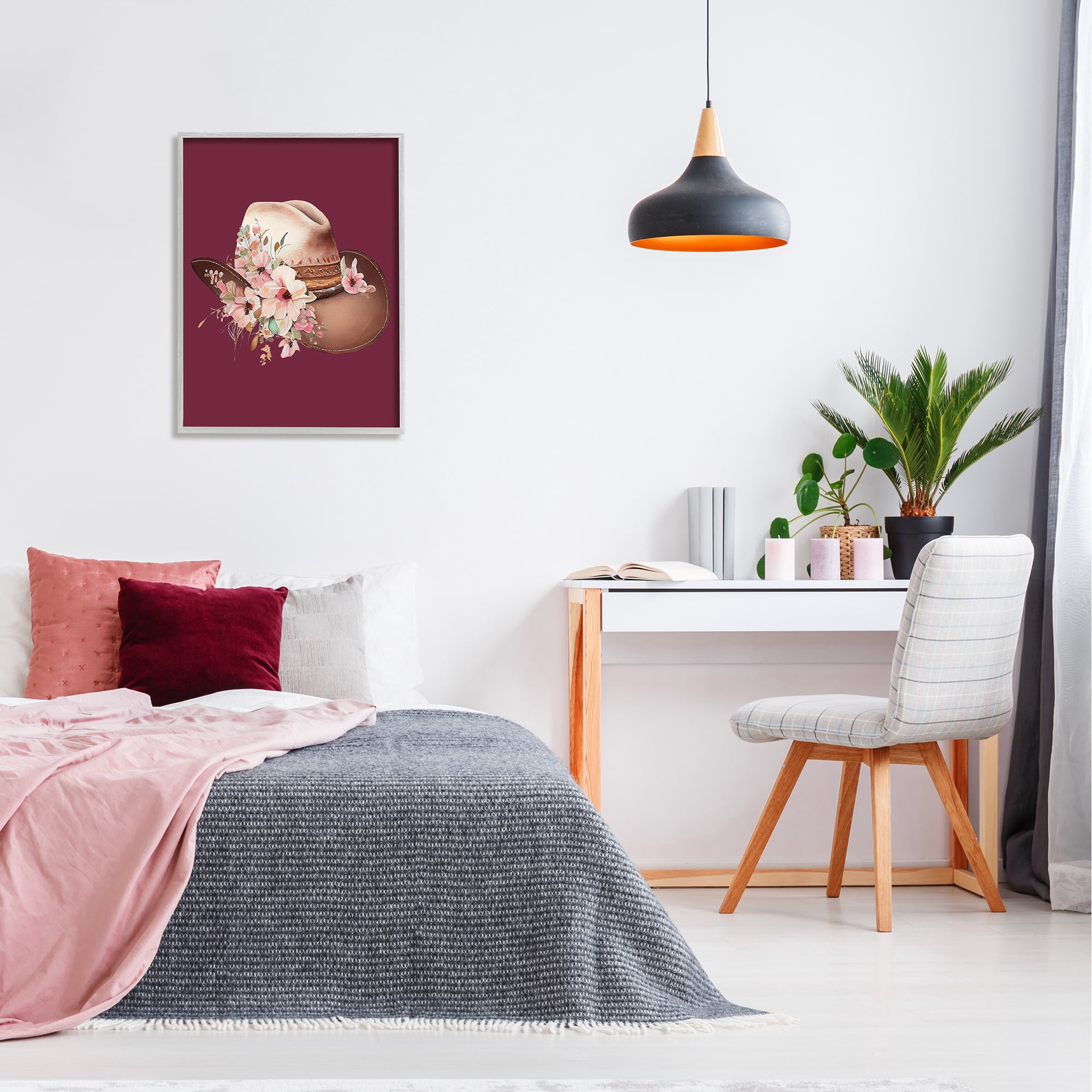 Stupell Industries Cowgirl Hat on Burgundy Botanical & Floral Painting Gray Framed Art Print Wall Art, 24 x 30