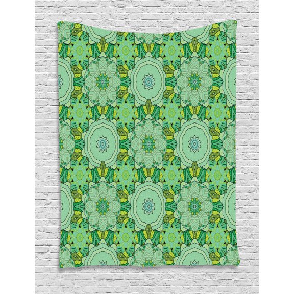 Green Mandala Tapestry, Kaleidoscopic Illustration in Green Shades Oriental Asian Flower Pattern, Wall Hanging for Bedroom Living Room Dorm Decor, 40W X 60L Inches, Multicolor, by Ambesonne