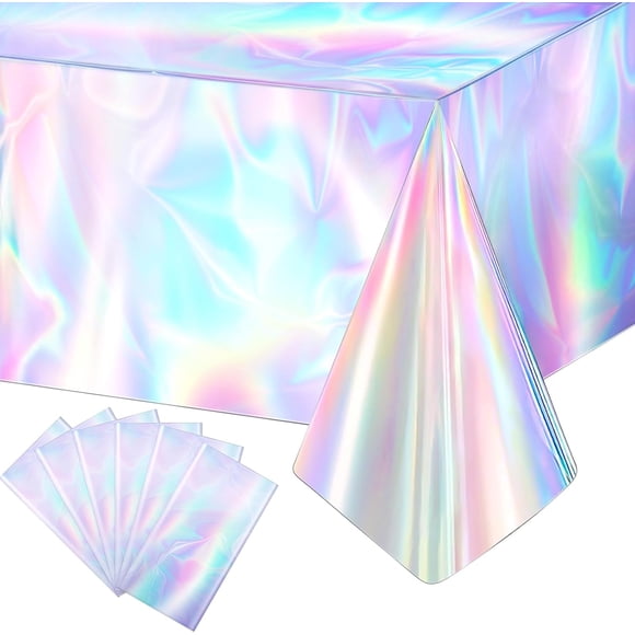 6 Pack Iridescence Plastic Tablecloths Disposable Laser Table Covers Holographic Foil Rectangle Table Cloth for Mermaid Unicorn Birthday Bachelorette 2000s Disco Iridescent Party Decoration (54"x108")