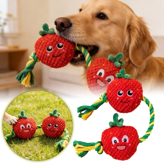 Strawberry Shaped Interactive Dog Chew Toy, Tug of War Rope with Squeaker, Durable Plush for Aggressive Chewers and Puppy Teething, Red