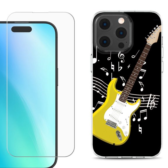 For iPhone 16 Pro Max Phone Case Cover, Shockproof Case with Tempered Glass Screen Protector, by OneToughShield - Guitar Yellow