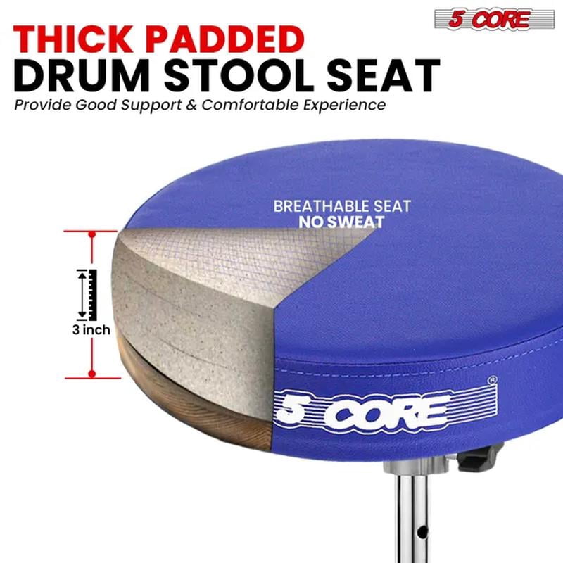 5 Core Drum Throne 3 Inch Thick Padded Comfortable Guitar Stool Double Braced Drummer Chair Height Adjustable Musician Seat Blue - DS BLKCH BLU