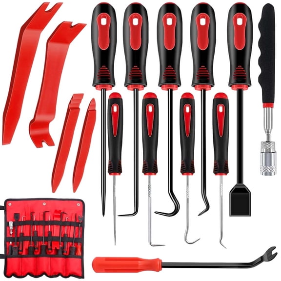 15Pcs Mechanic Hook and Pick Tool Set & Car Trim Removal Kit with Fastener Clip Pliers,Rivet Puller,Magnetic Pickup,Gasket Scraper,Non-Scratch Plastic Pry Tools for Automotive Repair